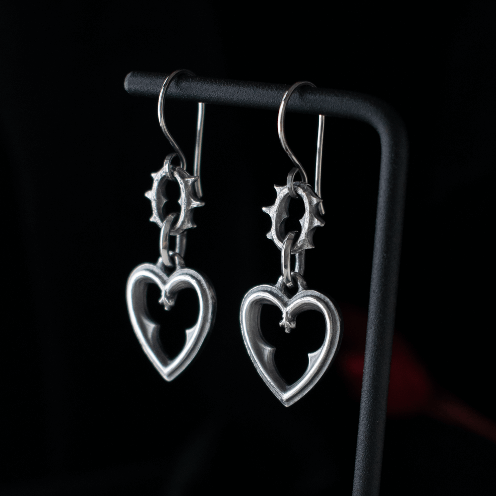 Toilworn Handmade Gothic Heart Spikey Sterling Silver Earrings
