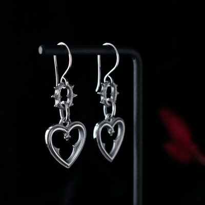 Toilworn Handmade Gothic Heart Spikey Sterling Silver Earrings