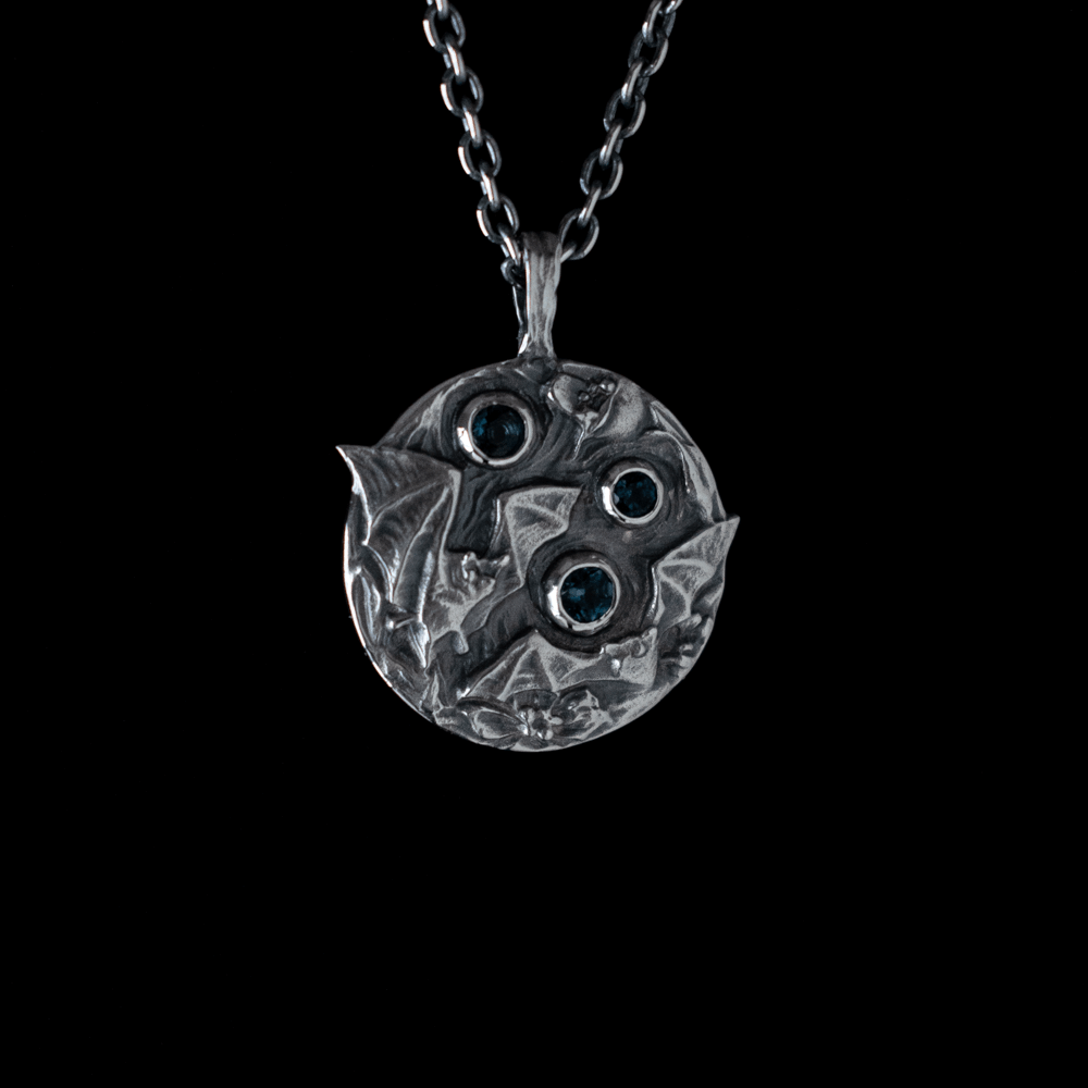 Toilworn Handmade Gothic Bat Pendant London Blue Topaz Sterling Silver