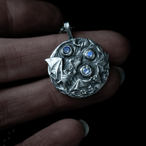 Toilworn Handmade Gothic Bat Moonstone Pendant Sterling Silver