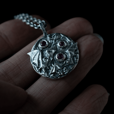 Toilworn Handmade Gothic Bat Pendant Rhodolite Garnet Sterling Silver