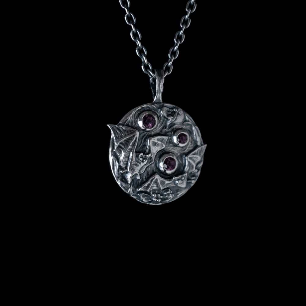 Toilworn Handmade Gothic Bat Pendant Rhodolite Garnet Sterling Silver