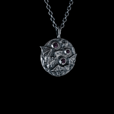 Toilworn Handmade Gothic Bat Pendant Rhodolite Garnet Sterling Silver